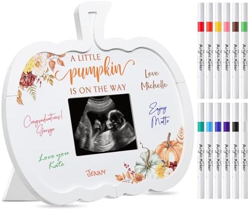 Thyle Pumpkin Baby Shower Sonogram Frame with 12 Marker Fall a Little Pumpkin Is on The Way Signature Book Ultrasound Picture Frame for Thanksgiving Autumn Gender Reveal Party Gift Keepsake by Thyle