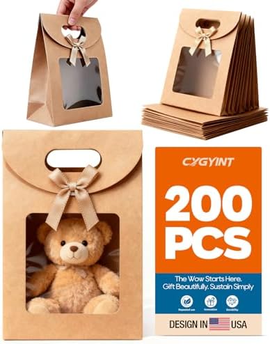 CYGYINT 200Pcs Brown Gift Bags with Clear Window 4.7''x2.4''x6.2'' Variety Stand Up Window Gift Bags with Handles for Candy, Cookies, Wedding Favors by Unknown