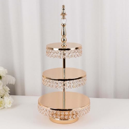 Efavormart 3-Tier Crystal Beaded Gold Metal Cake Stand, Cupcake Tower Dessert Display Stand with Round Mirror Top - 26" Tall - Image 5