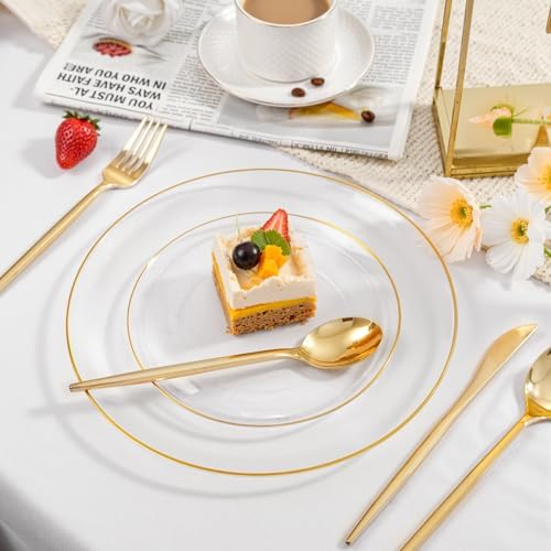 bUCLA 200PCS Clear and Gold Plastic Plates - Clear Disposable Plates with Gold Rim, Includes 100 PCS 10 inch Dinner Plates and 100 PCS 7 inch Dessert Plates for Party&Wedding - Image 5