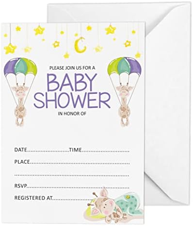 Pack of 30, Boy/Girl Baby Shower Party Collection, Baby Shower Invitation Cards, Fill in the Blank Invites WIth Envelopes, Giraffe Theme Party Supplies by Inkdotpot