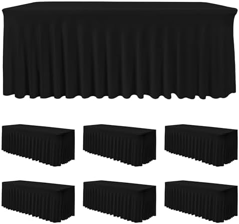 6 Pack Black Spandex Table Covers 4ft Rectangle Ruffle Skirts for Party by HolidayIdeas