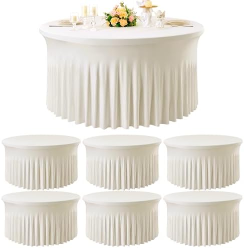 6 Pack Ivory Spandex Round Tablecloths for 72inch Table, Wrinkle Free 132in Stretchy Fitted 6ft Round Table Cloths Covers with Skirt for Wedding Birthday Parties Banquet Events by Htper