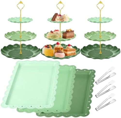 9Pcs Cupcake Stand & Serving Tray Set – 3 Tier Dessert Cake Stands, Cookie Display Stand，for Party Wedding Birthday Baby Shower, Gradient Dessert Table Display Stands Cookie Tray Rack（Green,Round by Weiara