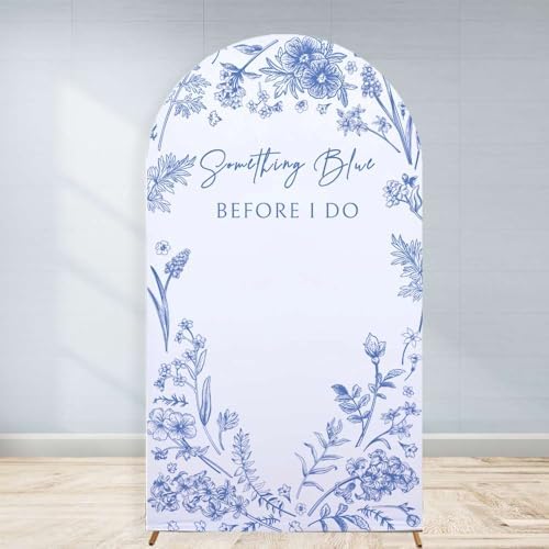 Bridal Shower Arch Backdrop Stretchy Fitted Cover 7.2ft Something Blue Before I Do Party Floral Flowers Toile Bride to be Chiara Wall Arched Photo Background Welcome Sign 7ft by Unknown