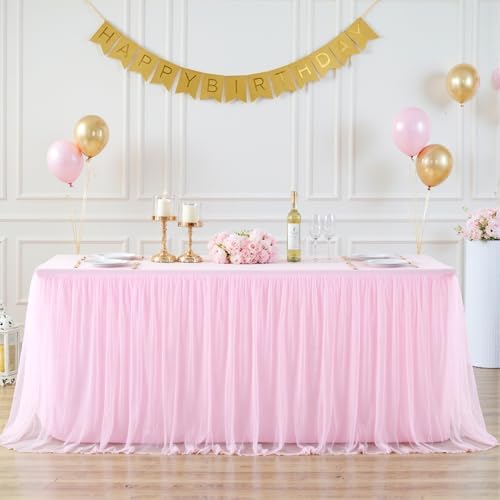 6ft Pink Tulle Tablecloth for Rectangle Tables 6 Foot Pink Table Cloth Rectangle Wrinkle Free Stretch Table Cover with Tutu Skirt for Baby Shower Girls Birthday Party Banquet Buffet Desk Skirt - Image 3