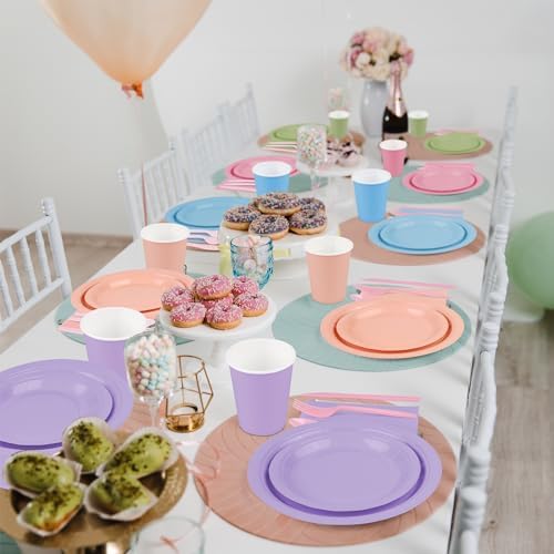 durony 360 Pieces Pastel Rainbow Disposable Party Supplies Serves 48 Guests Include 7" and 9" Pastel Paper Plates Cups Napkins Cutlery Pastel Rainbow Party Decorations for Birthday Wedding Baby Shower - Image 6