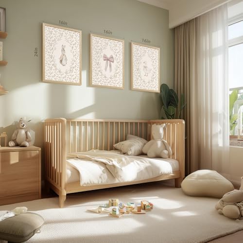 PORENY Baby Girl Nursery Wall Art Set of 3, Pink Bow Rabbit Goose Canvas Prints, Cute Floral Nursery Decor, Vintage Neutral Animal Artwork for Girls Room Kids Bedroom Wood Framed 16x24 Inch - Image 5