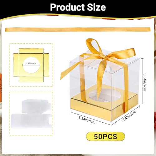 EUSOAR Disposable Clear Cupcake Containers, 50pcs 3.5 Inch Plastic Individual Cupcake Carrier with Ribbon and Inserts, Single Transparent Cupcake Holder with Lids Storage for Cake Dessert-Gold - Image 2