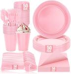 Pink Plastic Party Plates Set, Disposable Light Pink Plates and Napkins for Party, 50 of Each 9" Dinner Plate, Napkins, Cups & Cutlery Plastic Party Supplies for Birthday, Baby Shower, Wedding by UseOnceDoneRight