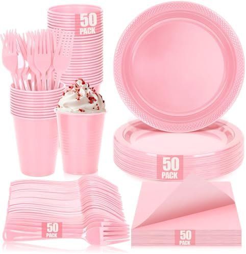 Pink Plastic Party Plates Set, Disposable Light Pink Plates and Napkins for Party, 50 of Each 9" Dinner Plate, Napkins, Cups & Cutlery Plastic Party Supplies for Birthday, Baby Shower, Wedding by UseOnceDoneRight