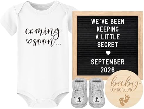 Pregnancy Announcement, Coming Soon Baby Announcement For Grandparents Dad Husband Family, Pregnancy Reveal Ideas, Gender Reveal Baby Shower Gifts -Felt Letter Board, Onesie, Booties, Wooden Sign by BlinkingStars