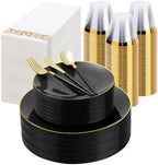 350 Pieces Black Gold Plastic Dinnerware Set, Gold Disposable Plates for Party, Include 100 Black Plates with 150 Plastic Cutlery, 50 Napkins and 50 Cups by Bestluck