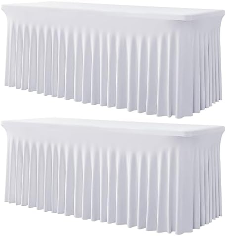 2 Pack White Spandex Tablecloths for 4 ft Rectangle Tables, Stretch Table Cloths 4 Foot Fitted Table Cover with Skirt for Parties Weddings Birthday Banquet Baby Shower by Htper