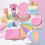 durony 360 Pieces Pastel Rainbow Disposable Party Supplies Serves 48 Guests Include 7" and 9" Pastel Paper Plates Cups Napkins Cutlery Pastel Rainbow Party Decorations for Birthday Wedding Baby Shower - Image 3