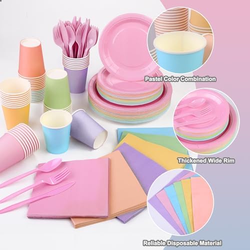 durony 360 Pieces Pastel Rainbow Disposable Party Supplies Serves 48 Guests Include 7" and 9" Pastel Paper Plates Cups Napkins Cutlery Pastel Rainbow Party Decorations for Birthday Wedding Baby Shower - Image 3