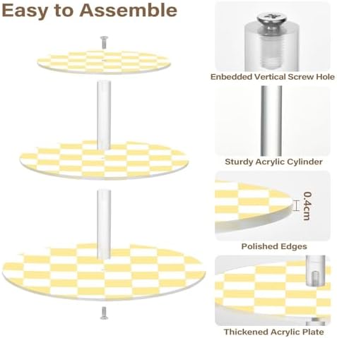 J JOYSAY Chess Checkerboard White Light Yellow Pattern Acrylic Cupcake Stand 3 Tier Dessert Table Display Set Clear Cake Stands for Baby Shower Wedding Party Decorations Easy Assembly Pastry Tower - Image 2