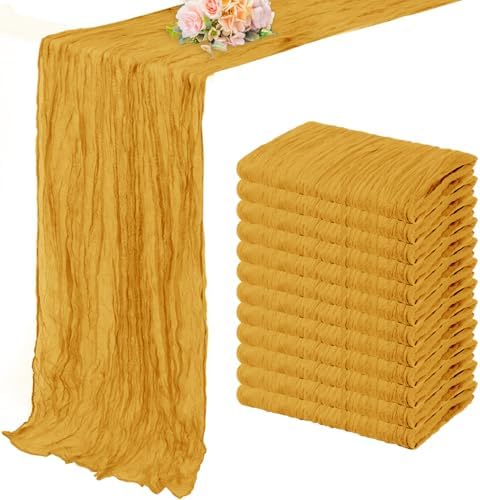 12 Pack Mustard 10FT Cheesecloth Table Runner Rustic Gauze Fabric Cheese Cloth Table Runner for Wedding Bridal Baby Shower Table Decor Boho Sheer Birthday Party Table Decorations 20 x 120 Inch Long by FoliafeelHome