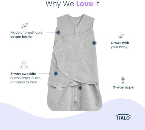 HALO 100% Cotton Sleepsack Swaddle, 3-Way Adjustable Wearable Blanket, TOG 1.5, Heather Grey, Small, 3-6 Months - Image 4