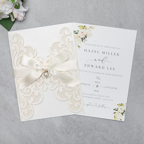 20Pcs Personalized Wedding Invitation, Customized Ivory Laser Cut Invitation Cards With Envelopes Rhinestone Pearls and Ribbons For Wedding XV Anos Quinceanera Invitation - Image 3