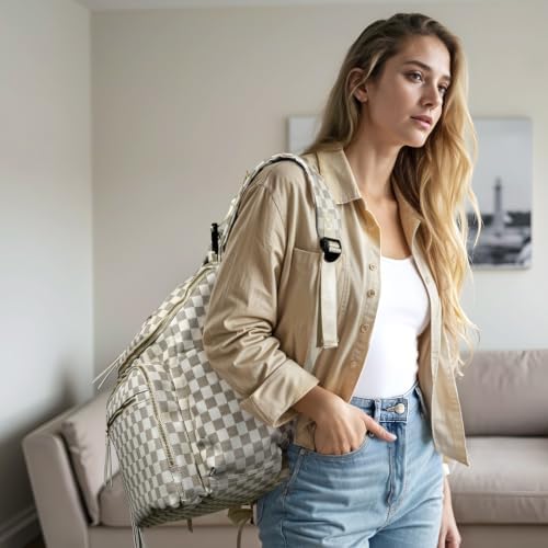 Omanmoli Checkered Diaper Bag Backpack Large Baby Diaper Bag Leather with 17 Diaper Bag Organizing Pouches,Changing Pad,Stroller Straps,4 Insulated Pockets,Beige&Honey - Image 2
