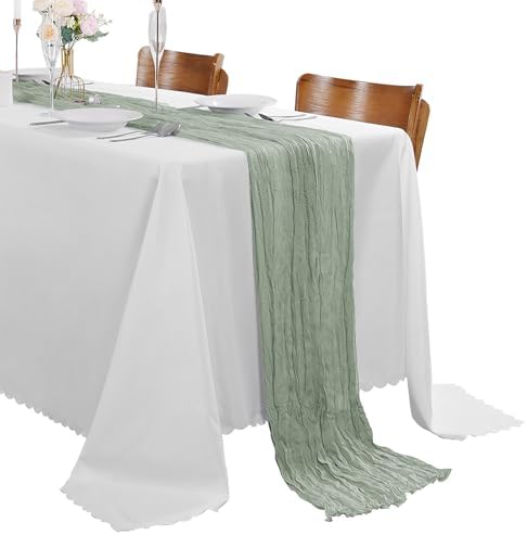 30 Pack Grey Green Cheesecloth Table Runner 9FT Rustic Sheer Table Runners 17x108 Inch Gauze Boho Runner for Wedding Bridal Baby Shower Birthday Party Table Decorations by Cupuamon