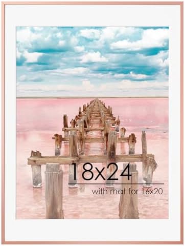 FLYJOE 18x24 Metal Picture Frame For Wall With Mat For 16x20, 18''x24'' Aluminum Photo Frames With Tempered Glass, Minimalist Modern Poster Frame Horizontal And Vertical Formats, Rose Gold by FLYJOE