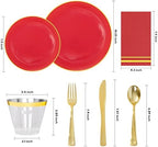 NOCCUR 350PCS Red Plastic Plates - Disposable Red Gold Dinnerware Set for 50 Guests, 100 Dinner/Dessert Plates, 150 Gold Silverware, 50 Cups&50 Napkins for Party/Wedding/Hibachi Party - Image 2
