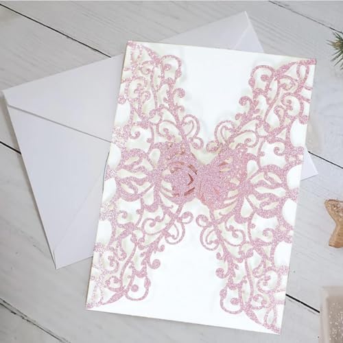 50Pcs Glitter Pink Lace Floral Laser Cut Wedding Invitation Cards Only with Butterfly, for Bridal Shower Engagement Quinceañera Wedding - Image 4