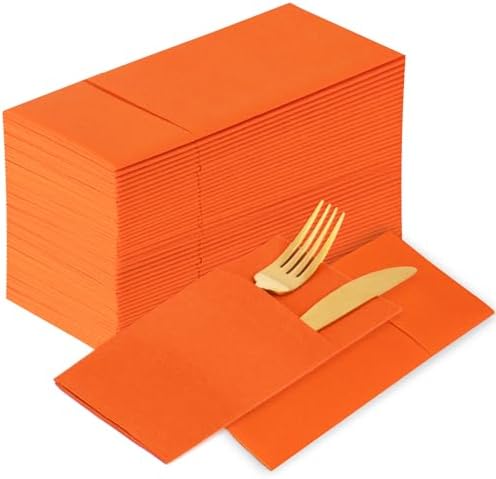 KAMMAK Napkins Disposbale 100 Pack Orange Cloth like Paper Dinner Napkins with Pocket Folded Wedding Napkin Guest Hand Towels for Party Reception, Bathroom, Kitchen, Restaurants (16.5 x 16.5 inch) by KAMMAK