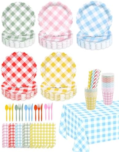 226-Piece Gingham Party Supplies, Checkered Paper Plates Set with Cutlery Napkins Cups Straws & BlueTablecloth — 5Color Disposable Tableware for 25 Guests, WeddingPicnic Birthday Baby Shower by Unknown