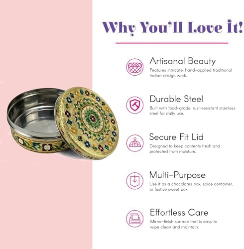 LOVENSPIRE Meenakari Stainless Steel Storage Box with Lid (1 Kg) Decorative Round Indian Food Container for Sweets, Kitchen Items & Return Gift Favors Pack of 20 - Image 3