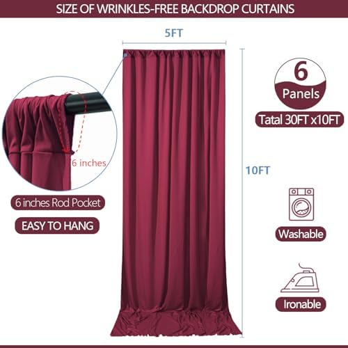 ESGOTBME 30x10ft Wrinkle Free ‌Burgundy Backdrop Curtain for Parties Soft Fabric Drapes Wedding ‌Curtain Backdrop for Birthday Party Decorations Background for Photography 5x10ft, 6 Panels - Image 3