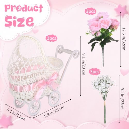 3 Pack Baby Shower Table Centerpiece, Pink Rattan-Style Carriage Baskets with Faux Ranunculus and Baby's Breath for Girl Gender Reveal Bridal Wedding Party Tables - Image 2