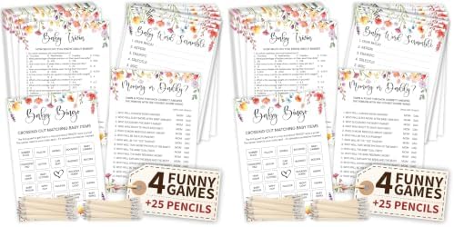 WOODAMORE Funny Baby Shower Games for Girl - Floral Baby Shower Bingo Cards for 25 Guests, Word Scramble Trivia Mommy Or Daddy Game, Wildflower Baby Shower Decorations Ideas (Pack of 2) by Woodamore