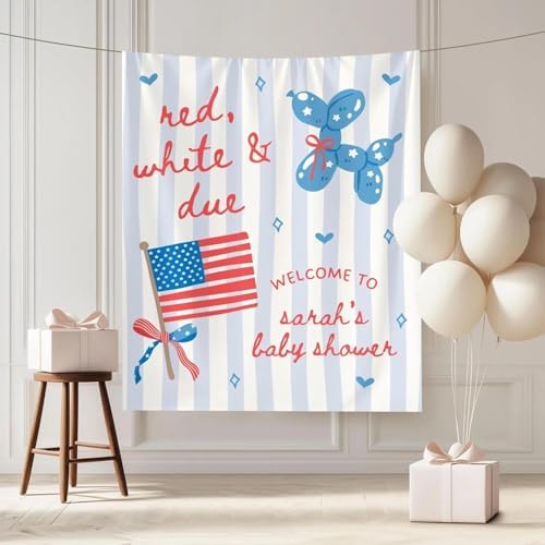 Custom Red White and Due Baby Shower Banner Patriotic Backdrop Blue Stripe Party Decor Personalized Welcome Tapestry Sign American Balloon Dog Decoration Gender Neutral Newborn Photography Prop by Unknown