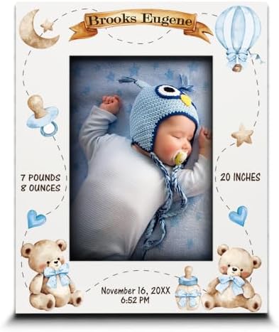BELLA BUSTA-Personalize Baby Teddy Bear Birth Announcement Theme Picture Frame- Baby Shower, Birth Details Keepsake (Boy-Blue (5x7 Vertical)) by BELLA+BUSTA