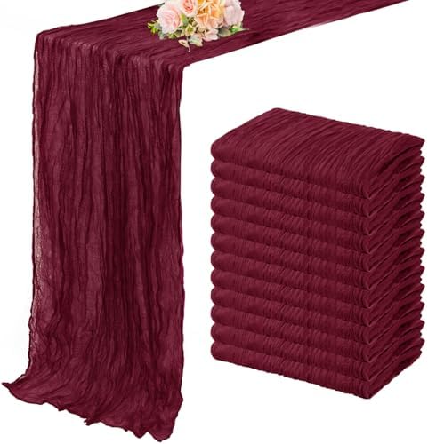 Burgundy 12 Pack Cheesecloth Table Runner 10FT Rustic Gauze Cheese Cloth Table Runner for Wedding Bridal Baby Shower Table Decor 20 x 120 Inch Long Boho Fabric Sheer Birthday Party Table Decorations by FoliafeelHome