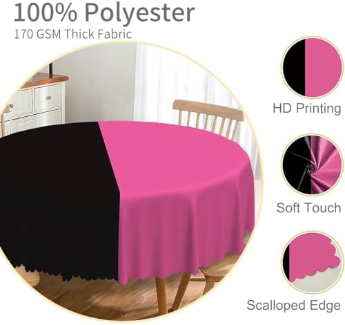 Hot Pink and Black Round Tablecloth 70 Inch Patchwork Circular Table Cloth Waterproof and Stain Resistant Fabric Table Cover for Dinner Graduation Wedding Birthday Party Decorations - Image 3