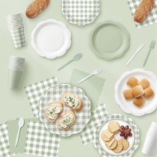 Potchen 392 Pcs Sage Green Gingham Party Supplies Tableware Set Serves 48 - Image 4