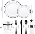 WELLIFE 350Pcs Black Plastic Dinnerware with Pre Rolled Napkins, Include:50 Dinner Plates, 50 Dessert Plates, 50 Paper Napkins, 50 Cups, 150 Plastic Cutlery - Image 2