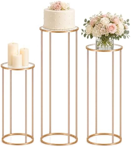 Cylinder Stands for Party, 3PCS Gold Metal Cylinder Pedestal Stands for Display, Heavy Duty Round Cake Stand Tables for Wedding, Birthday, Baby Shower, Dessert Table & Backdrop Decorations by Unknown