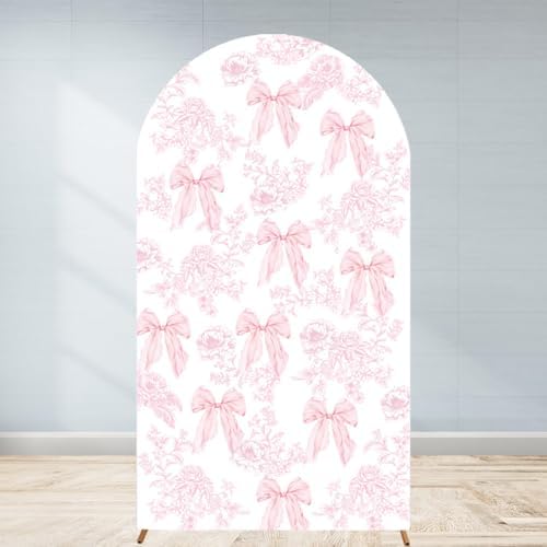 Pink Bow Floral Arch Backdrop Cover 7.2ft Flower Coquette Girl Baby in Bloom Bridal Shower Party Pastel Toile Birthday Wedding Bride to Be Stretchy Fitted Arched Photo Booth Sign 4x7.2ft by Unknown