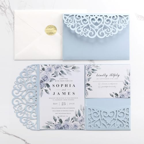50pcs Blank Wedding Invitation Kit - Light Blue Laser Cut Invitation Pocket - Image 7
