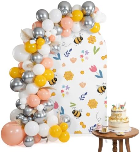 Arch Backdrop Cover for Wedding Spring Flowers Cute Bees 7.2FT Stretch Spandex Party Arch Cover, Fabric Backdrop Banner for Baby Shower, Birthday, Bridal Shower Decor Pink Tulips Honeycombs White by LBDecor