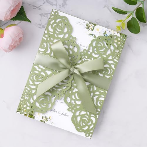 ponatia 25PCS Sage Green Laser Cut Invitation sleeves by ponatia