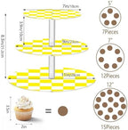 J JOYSAY Chess Checkerboard Yellow White Print Acrylic Cupcake Stand 3 Tier Dessert Table Display Set Clear Cake Stands for Wedding Baby Shower Party Decorations Easy Assembly Pastry Tower - Image 3