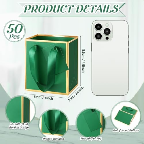 Yeaqee 50 Pcs Mini Paper Gift Bags with Handles Tag, Dark Green,Gold - Image 2