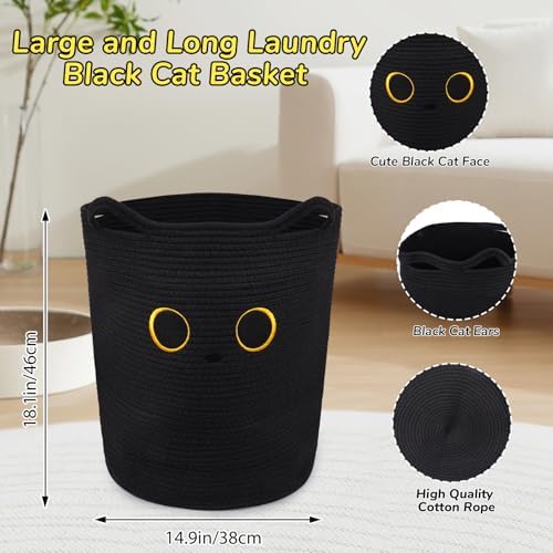 Tall Black Cat Laundry Basket for Nursery, Cute Large Woven Cotton Rope - Image 3