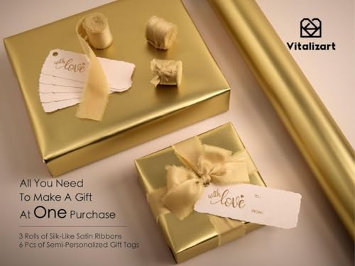 Vitalizart Matte Metallic Gold Wrapping Paper Set 30" Ribbons & Gift Tags - Image 5